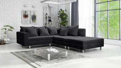Produktbild von Wohnlandschaft Sofa Couch Ecksofa Eckcouch Cordstoff Graphite + Hocker Minsk R
