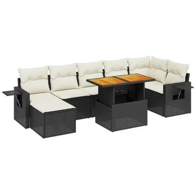 Produktbild von 8-tlg. Gartenmöbel-Set, Modulare Sofagarnitur mit verstellbarem Tisch, PE-Rattan Schwarz, Cremeweiße Kissen, UV-beständig