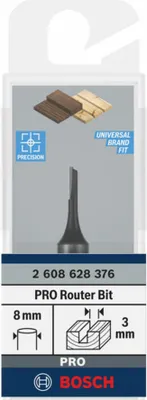 The image shows the packaging of a Bosch router bit, with diagrams and text indicating its specifications and features.