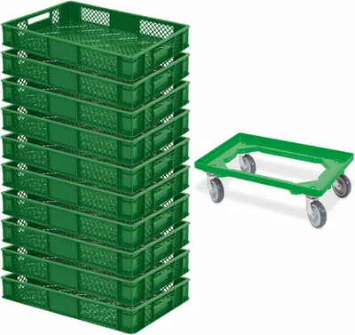 Produktbild von 10 Euroboxen / Bäckerkiste, LxBxH 600x400x90 mm, grün + Transportroller
