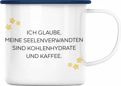 Produktbild von Trendation - Lustige Emaille Tasse mit Spruch für Frauen Männer Arbeit Büro Lustig Emaille Tassen Becher mit Sprüchen Kollegin Geschenk Sarkasmus Kohlenhydrathe und Kaffee (Blau)
