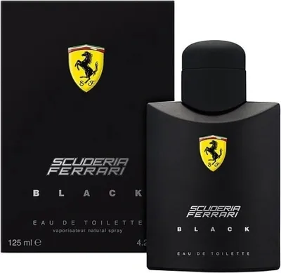 A black bottle of Ferrari Scuderia Black eau de toilette and its matching black box are displayed side-by-side against a white background.