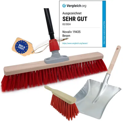 Produktbild von Novaliv Straßenbesen Set 50 cm I Besen Handbesen und Schaufel Teleskopstiel I Elaston rot I mit Stiel ausziehbar I Industriebesen Kehrbesen Gartenbesen Hofbesen