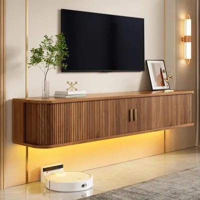 Produktbild von okwish Wandhängendes TV-Schrank mit LED-Beleuchtung und Schiebetüren, TV-Lowboard mit Schubladen und Metallgriffen,Nussbaum