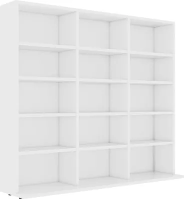 A white, empty bookshelf with multiple shelves and compartments.
