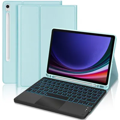Image de Coque Clavier pour Samsung Galaxy Tab S9 (11 Pouces), CuirPolyuréthaneBleu avec Clavier Bluetooth Rétroéclairé