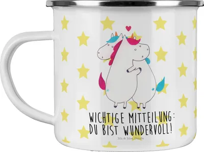 Produktbild von Mr. & Mrs. Panda Emaille Tasse Einhorn Mitteilung - Weiß - Geschenk, Valentinstag, Lustig, Einhörner, Becher, Liebe, Unicorn, Pott, Haferl, Teetasse, Spruch, Kaffeepott