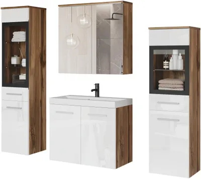 Image de Minio, meubles de salle de bains "MARIT 2", chêne wotan / blanc brillant