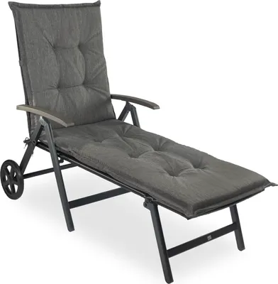 A gray outdoor lounge chair with a thick cushion, shown from a side-diagonal angle against a white background.
