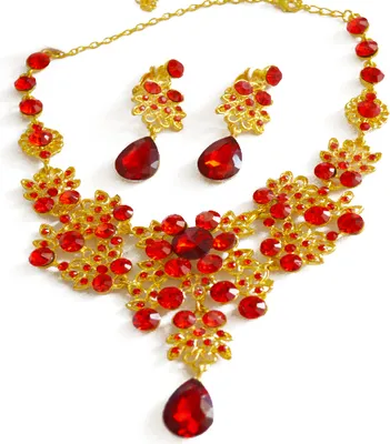 Produktbild von Braut Hochzeit Party Rot Goldene Farbe Legierung Anhänger Halskette Ohrringe Set