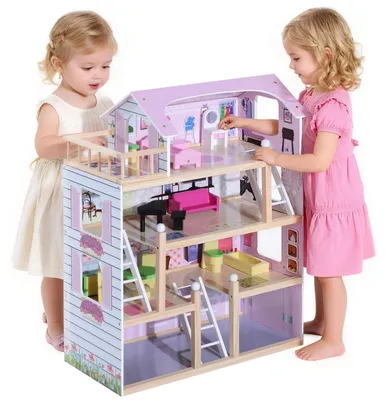 Immagine prodotto di HOMCOM Casa delle Bambole per Bambini 3+ Anni in Legno di Pino e MDF a 4 Piani con 13 Accessori, Rosa, 60x30x80 cm
