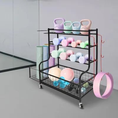 Image de Chariot de rangement pour salle de sport à domicile - Support pour appareils avec roulettes - Pour tapis de yoga et accessoires d'entraînement - Capacité de charge 160 kg - Noir