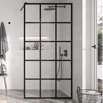 A modern bathroom with a walk-in shower.