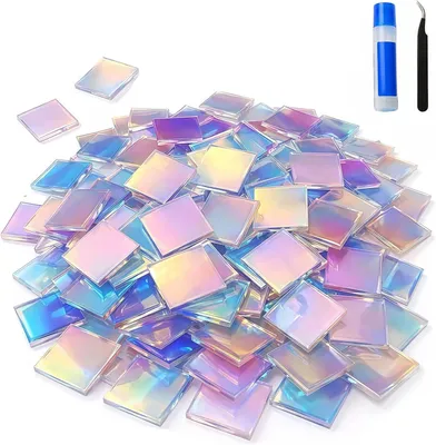Produktbild von 200 holografische Acryl-Mosaiksteine, 2x2 cm, Mosaiksteine zum Basteln mit Pinzette und Flüssigkleber für DIY-Bastelprojekte
