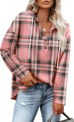 Produktbild von ASKSA Damen Kapuzenpullover V-Ausschnitt Kariertes Knopfleiste Leichter Lockere Langarm Hoodie Sweatshirt (Rosa,3XL)