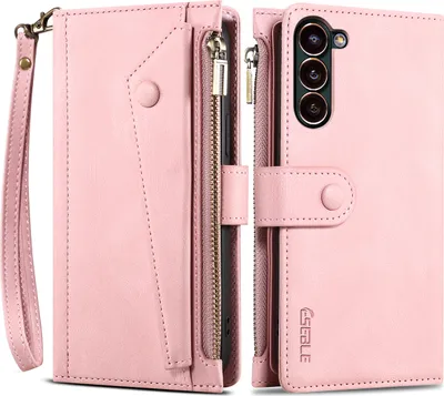 Produktbild von Schutzhülle für Samsung Galaxy S23+ Reißverschluss Hülle, Leder Klapphülle Kartenfach Standfunktion Brieftasche mit Trageband Rosa