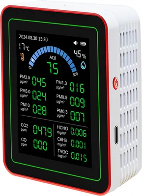 Zdjęcie produktu dla Marhynchus Miernik jakości powietrza CO2 TVOC HCHO PM2.5 PM10 Tester temperatury z czujnikiem wilgotności z funkcją przechowywania danych i ładowaniem typu C
