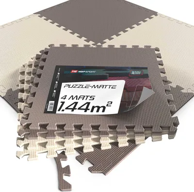 Produktbild von Hop-Sport Puzzlematte 4er Set - Unterlegmatte für Fitnessgeräte als Rutschfester Bodenschutz - Größe 60 x 60 x 1 cm -  Braun/Beige