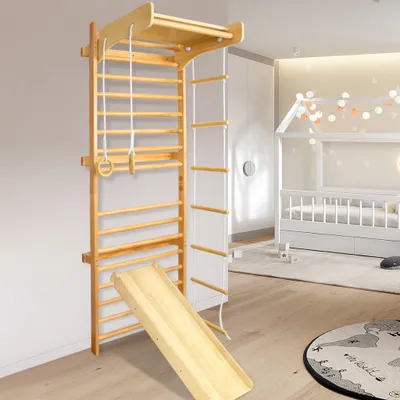 Produktbild von LARS360 6-in-1 Sprossenwand Kletterwand Turnwand Klettergerüst mit Rutsche, Klimmzugstange und Turnringe Turngeräte Holz Klettergerüste