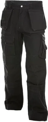 A pair of black work pants with multiple pockets.