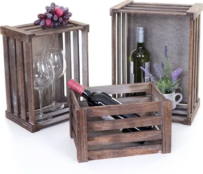 Zdjęcie produktu dla zestaw 3 drewnianych skrzynek HWC-C56, skrzynka na wino dekoracyjna skrzynka do przechowywania skrzynka na owoce, shabby look vintage ~ brązowy, shabby