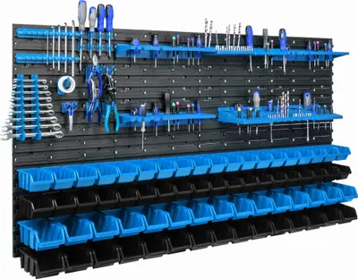 A tool organization system mounted on a wall, featuring pegboard, shelves, and storage bins.