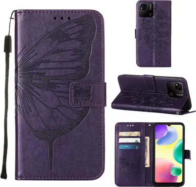 Produktbild von Redmi 10A Hülle, Schmetterling Prägung Flip Leder Kartenfächer Schutzhülle Ledertasche mit Ständer für Xiaomi Redmi 10A Lila