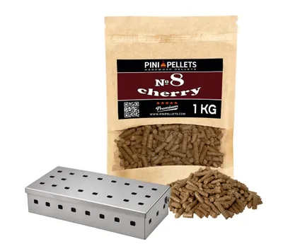 Produktbild von PINI Set Räucherbox Edelstahl Smokerbox und Pellets Nr 8 Cherry 1 kg für alle Arten von Grills und Smokern