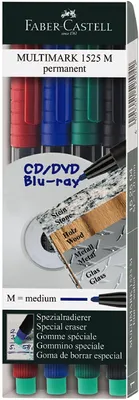 Produktbild von Faber-Castell 152504 - Marker MULTIMARK permanent, Stärke: M, 4er Etui, Inhalt: je 1x rot, blau, grün, schwarz