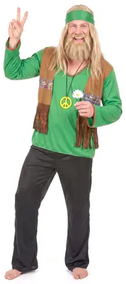 Productafbeelding van Hippie kostuum voor heren, groen-bruin - One size (maat 42), AI-gegenereerde afbeelding