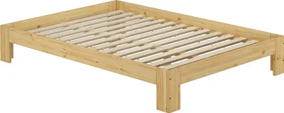 A wooden bed frame with a slatted base, shown from a diagonal angle against a white background.