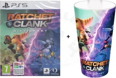 A collage showing the "Ratchet & Clank: Rift Apart" PS5 game case and a promotional cup featuring the game's characters.
