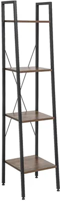 A tall, narrow ladder shelf with a dark metal frame and wooden shelves against a white background.