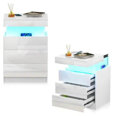 Produktbild von Nachttisch - Nachtschrank - Mit Ladefunktion - LED-Beleuchtung - Schiebbare Oberplatte - Schubladen - Holz - Weiß