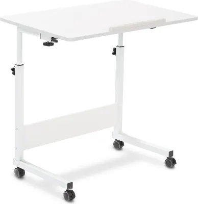 A white adjustable laptop table with wheels.
