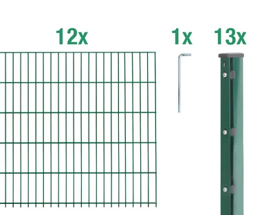 Produktbild von Alberts Doppelstabmattenzaun 8-6-8, Matten 2,50 m, Höhe 2,23 m, Länge 30 m, grün, Zaun als Komplettset, Pfosten mit Abdeckleiste 60x40 mm