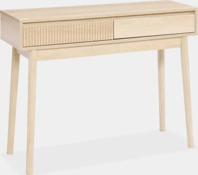 Produktbild von sweeek Skandinavische Konsole Holzdekor mit 2 Schubladen, 100x30x75 cm (BxTxH), mit 60 cm hohen Beinen (3,8x3,8 cm)