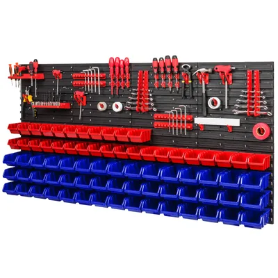 A wall-mounted tool organizer with various tools and storage bins.