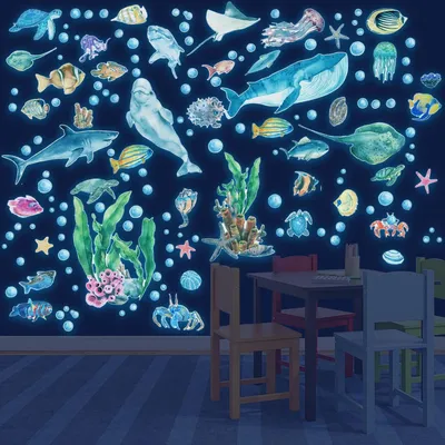 Productafbeelding van Glow-in-the-dark muurstickers van zeedieren, 4 stuks, fluorescerend, voor kinderkamers