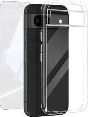 A transparent phone case and screen protector are shown next to a black smartphone.
