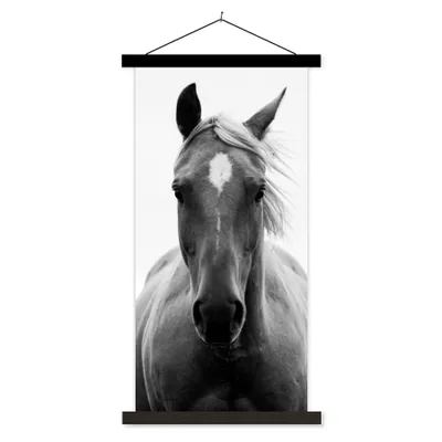 Produktbild von MuchoWow® Textilposter Pferd - Schwarz - Weiß - Porträt 90x180 cm mit schwarzem Rahmen - Dekoration Wohnzimmer