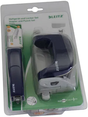 A product package containing a stapler and a hole punch set.