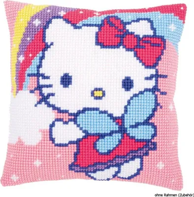 Produktbild von Vervaco Kreuzstichkissen "Hello Kitty mit Regenbogen", Stickbild vorgezeichnet