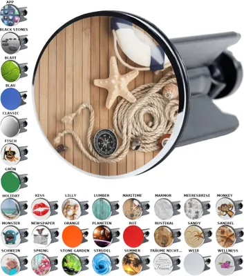 A collage of various designs for a sink stopper, with a central image of a maritime-themed design.