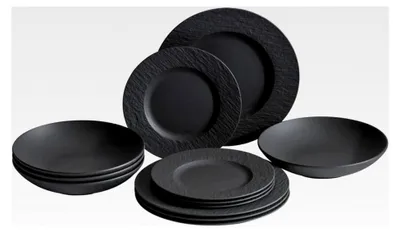 Produktbild von Rock Geschirrset, 12-teilig, Teller und Schüsseln, Schwarz matt, Premium Porzellan, Germany