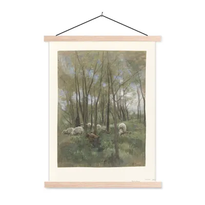 Produktbild von MuchoWow® Textilposter Schafherde in einem Wald - Gemälde von Anton Mauve 60x80 cm mit holzfarbenen Rahmen - Wandbild