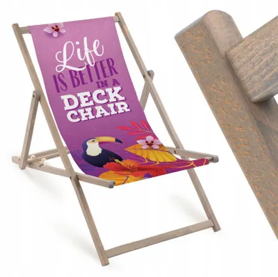 Holz Strandliegestuhl Fullprint mit grauem Gestell "Life is better in a deck chair"