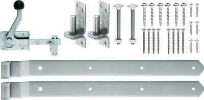 A collection of metal gate hardware components laid out on a white background.