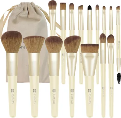 Imagen del producto de Juego de brochas de maquillaje, de 16 piezas, con mango de madera y cerdas de nylon suaves, ideal para base de maquillaje y colorete