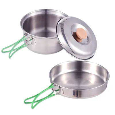 A set of camping cookware, including a pot with a lid and a frying pan, displayed against a white background.